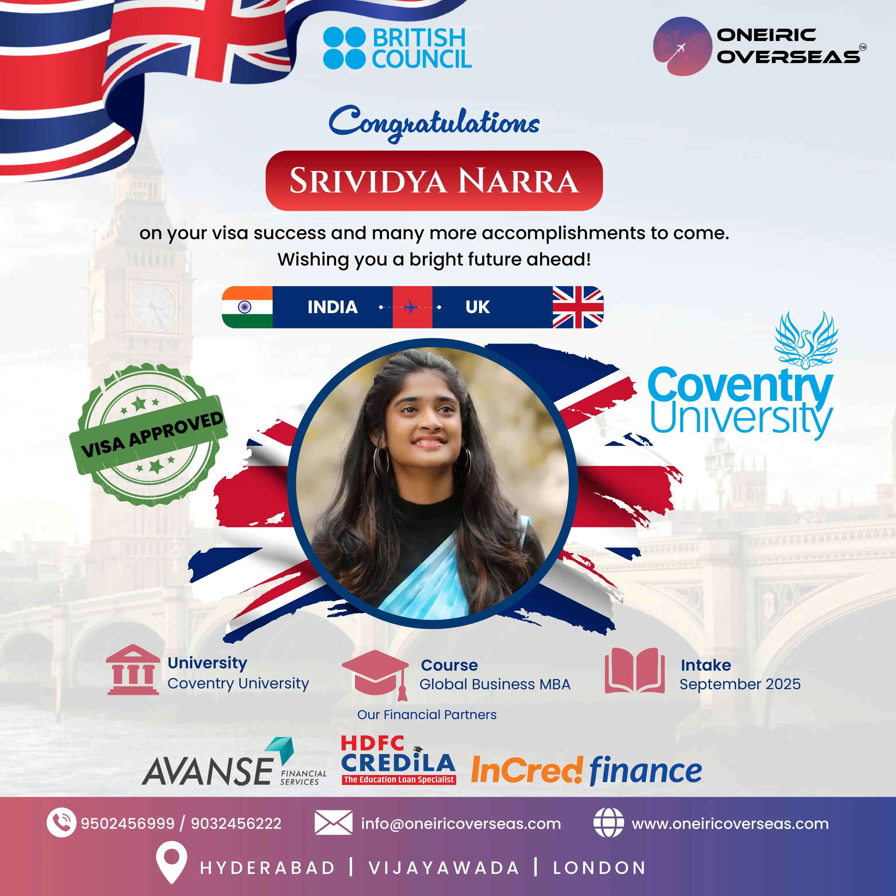 Sri Vidhya Narra — Coventry University visa approved