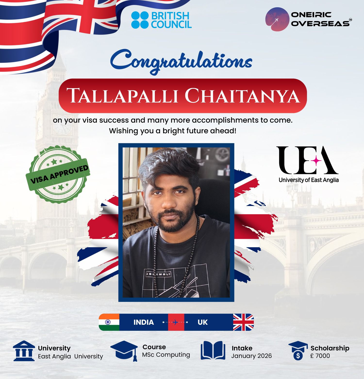 Tallapalli Chaitanya — University of East Anglia visa approved